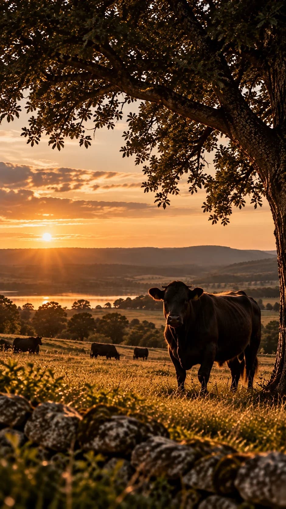Cattle grazing beneath an oak at golden hour